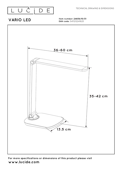 Lucide VARIO LED - Bureaulamp - LED Dimb. - CCT - 1x8W 2700K/6500K - Wit - technisch